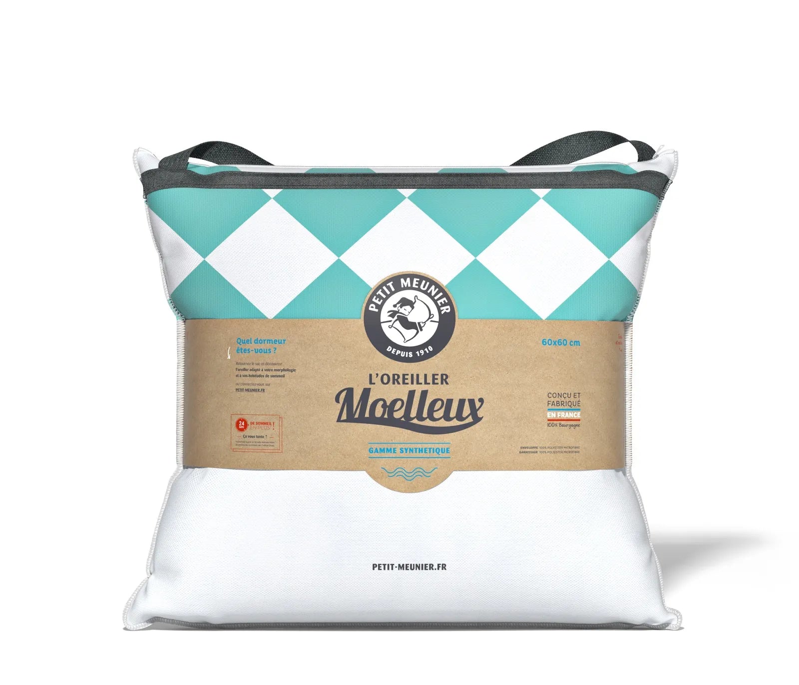 Oreiller moelleux carré synthétique dans son packaging